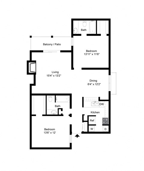 Floor plan for 2 beds, 2 baths, 1109 sqft
